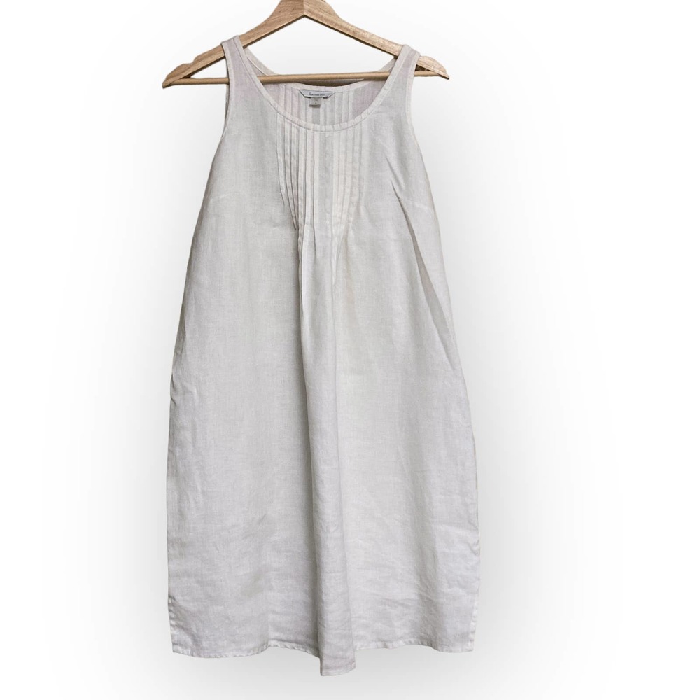 Garnet Hill Pintucked Linen Dress White 8 Sleeveless Shift Midi
